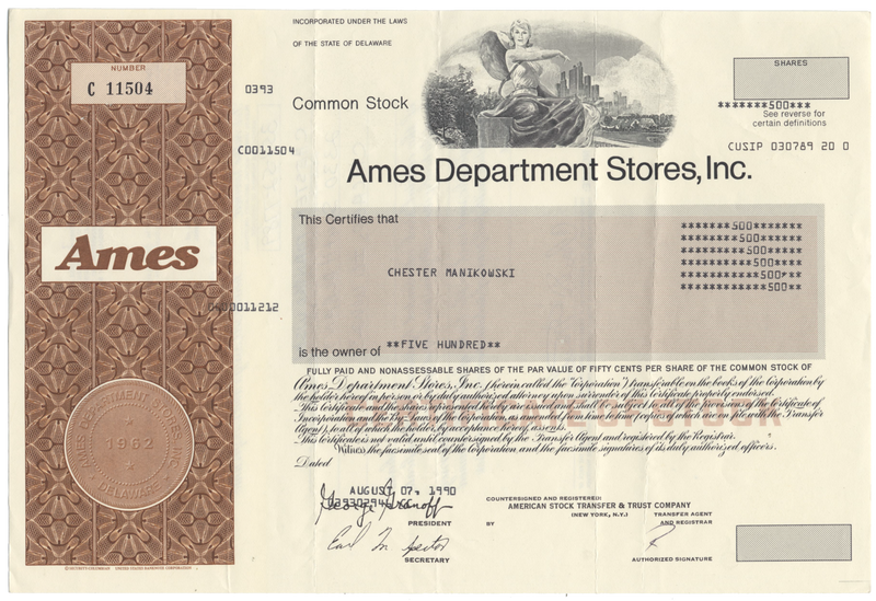 Ames Department Stores, Inc. Stock Certificate