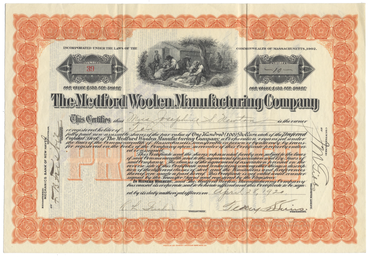 Medford Woolen Manufacturing Company Stock Certificate