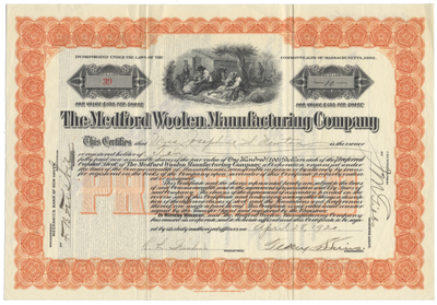 Medford Woolen Manufacturing Company Stock Certificate