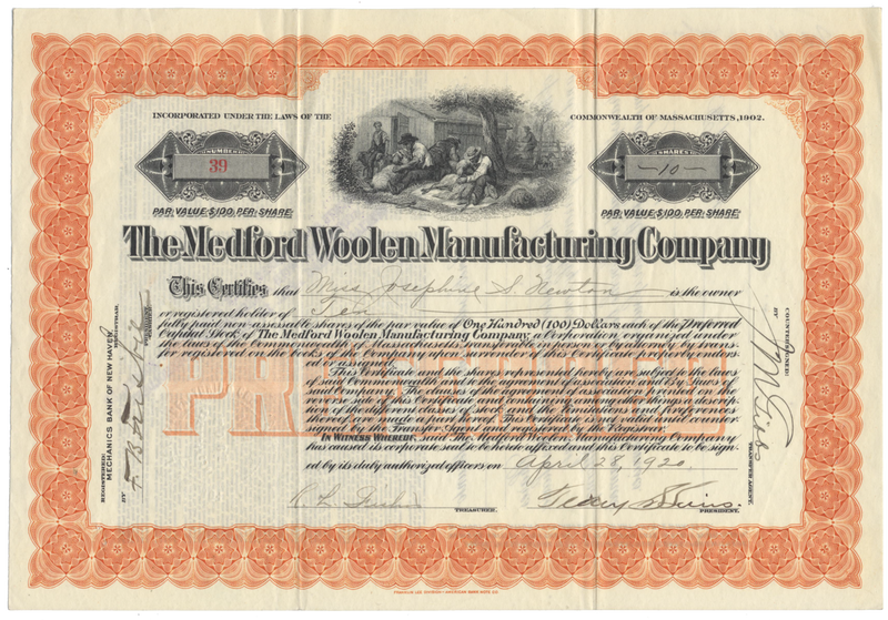 Medford Woolen Manufacturing Company Stock Certificate