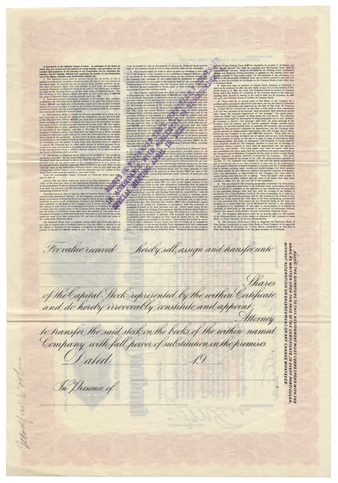 Medford Woolen Manufacturing Company Stock Certificate