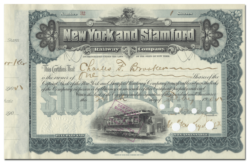 New York and Stamford Railway Company Stock Certificate