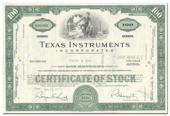 Texas Instruments Incorporated Stock Certificate