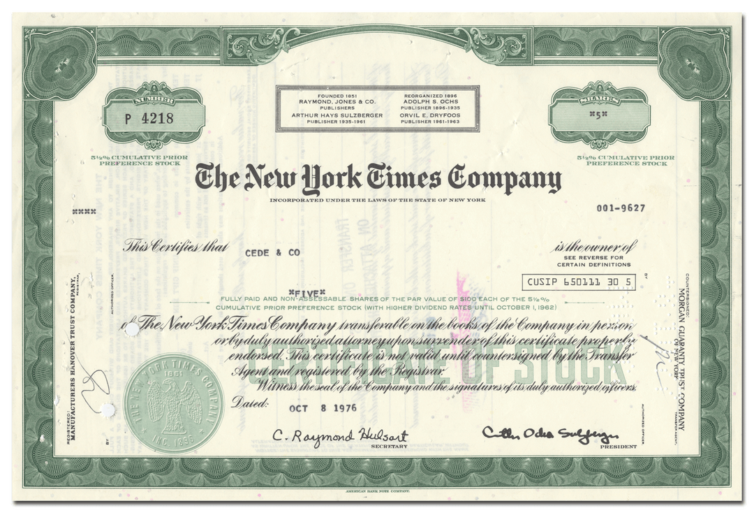 New York Times Company Stock Certificate