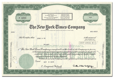 New York Times Company Stock Certificate