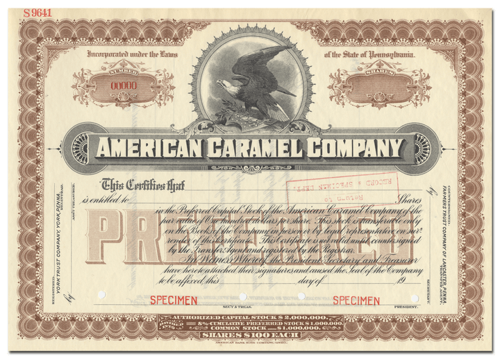 American Caramel Company Specimen Stock Certificate