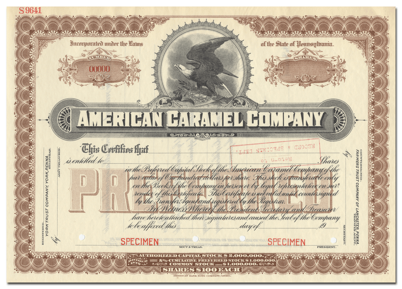 American Caramel Company Specimen Stock Certificate