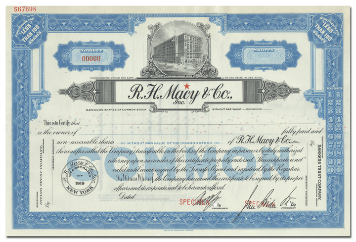 R. H. Macy & Co., Inc. Specimen Stock Certificate