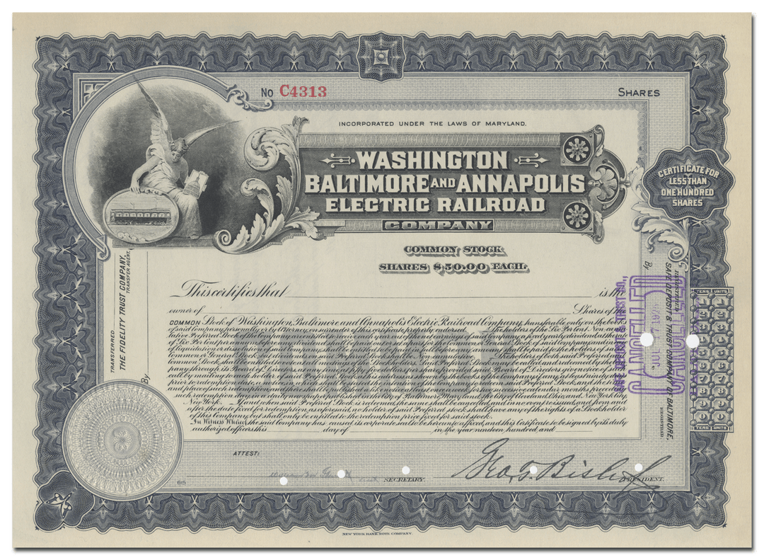 Washington, Baltimore & Annapolis Electric Railroad Company Stock Certificate Signed by George Bishop