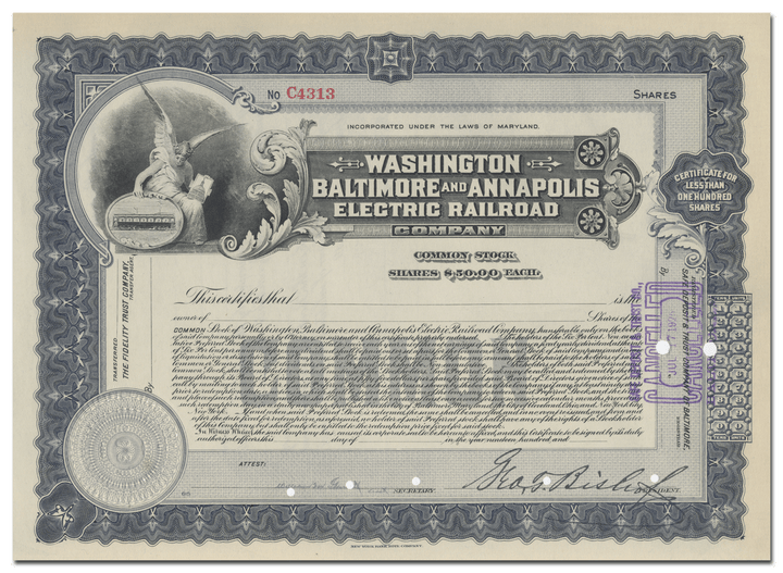 Washington, Baltimore & Annapolis Electric Railroad Company Stock Certificate Signed by George Bishop