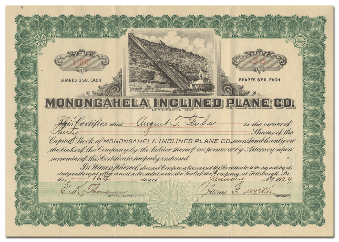 Monongahela Inclined Plane Co. Stock Certificate