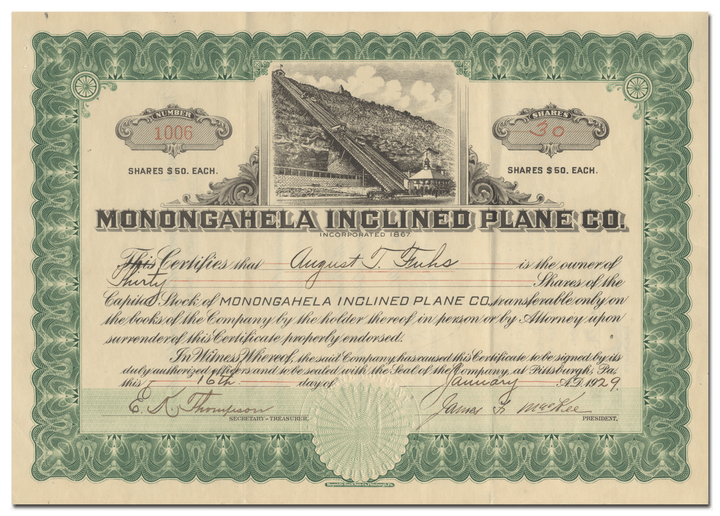 Monongahela Inclined Plane Co. Stock Certificate