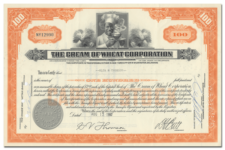 Cream of Wheat Corporation Stock Certificate