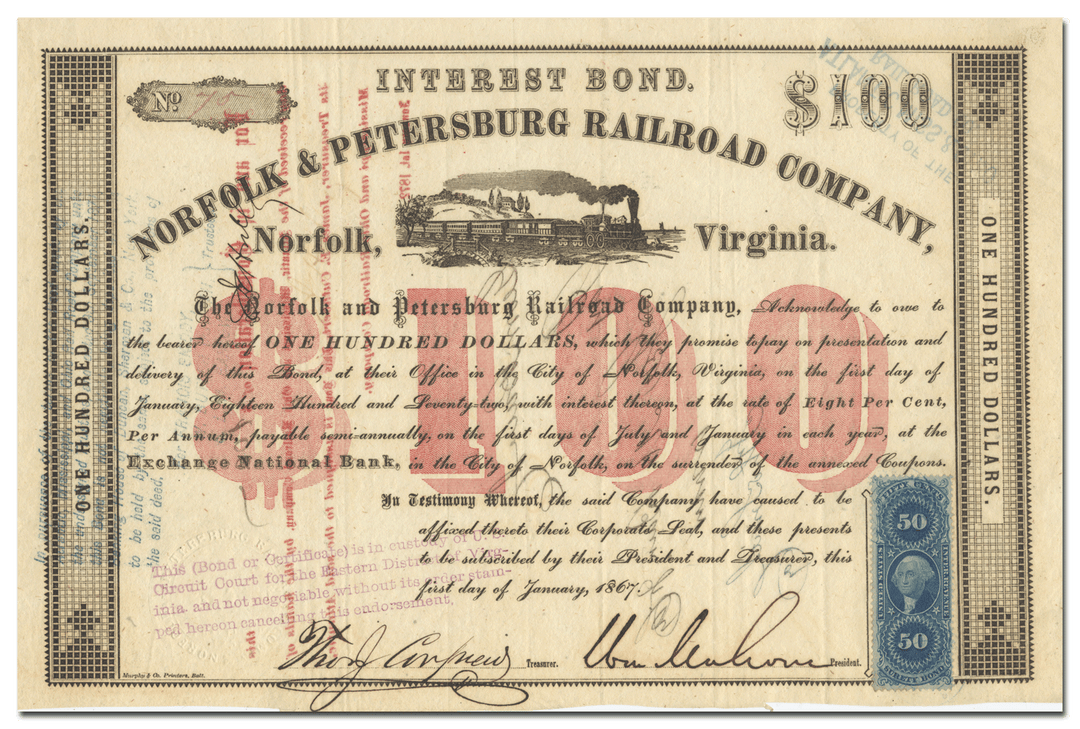 Norfolk & Petersburg Railroad Company Stock Certificate Signed by William Mahone