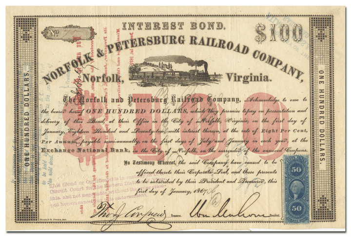 Norfolk & Petersburg Railroad Company Stock Certificate Signed by William Mahone