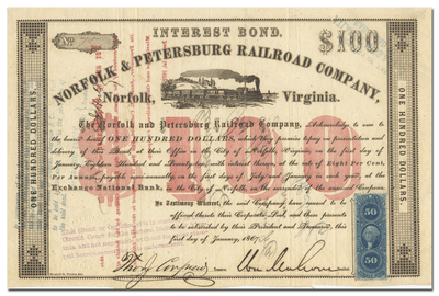 Norfolk & Petersburg Railroad Company Stock Certificate Signed by William Mahone