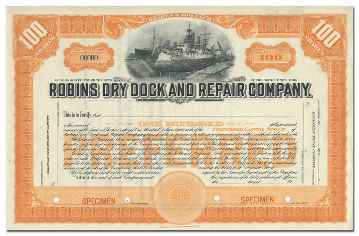 Robins Dry Dock and Repair Company Specimen Stock Certificate