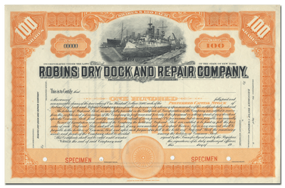 Robins Dry Dock and Repair Company Specimen Stock Certificate