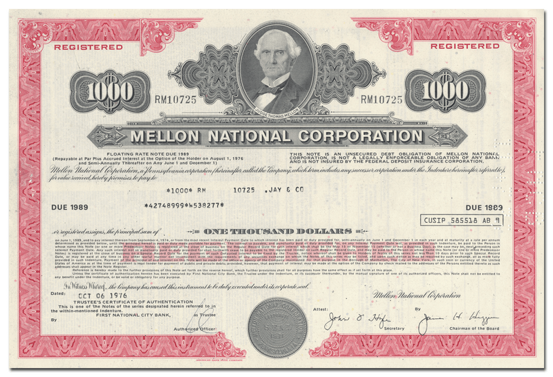 Mellon National Corporation Bond Certificate