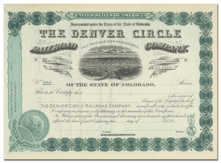 Denver Circle Railroad Company Stock Certificate