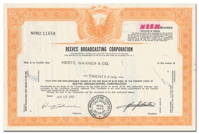 Reeves Broadcasting Corporation Stock Certificate