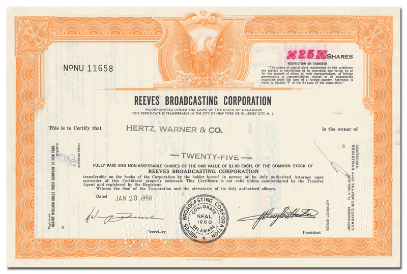 Reeves Broadcasting Corporation Stock Certificate