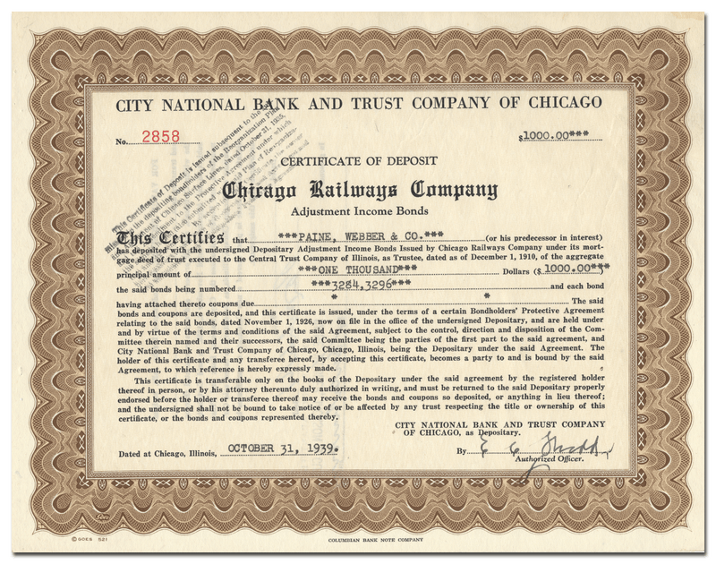 Chicago Railways Company Bond Certificate