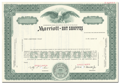Marriott-Hot Shoppes, Inc. Specimen Stock Certificate