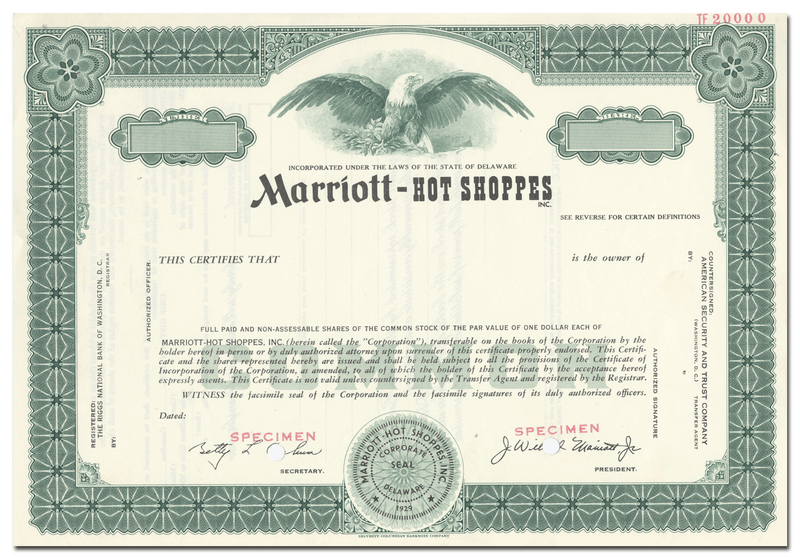 Marriott-Hot Shoppes, Inc. Specimen Stock Certificate