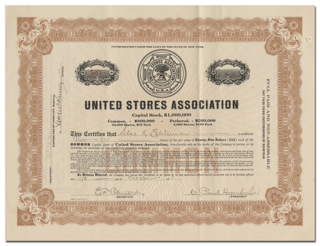 United Stores Association Stock Certificate