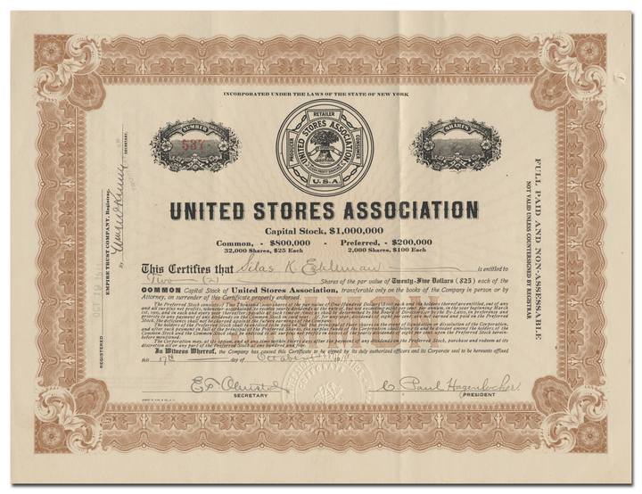 United Stores Association Stock Certificate