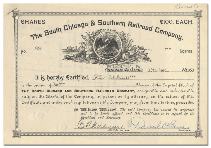 South Chicago & Southern Railroad Company Stock Certificate