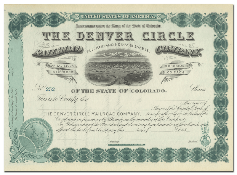 Denver Circle Railroad Company Stock Certificate