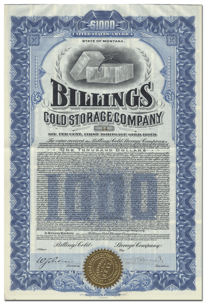 Billings Cold Storage Company Bond Certificate