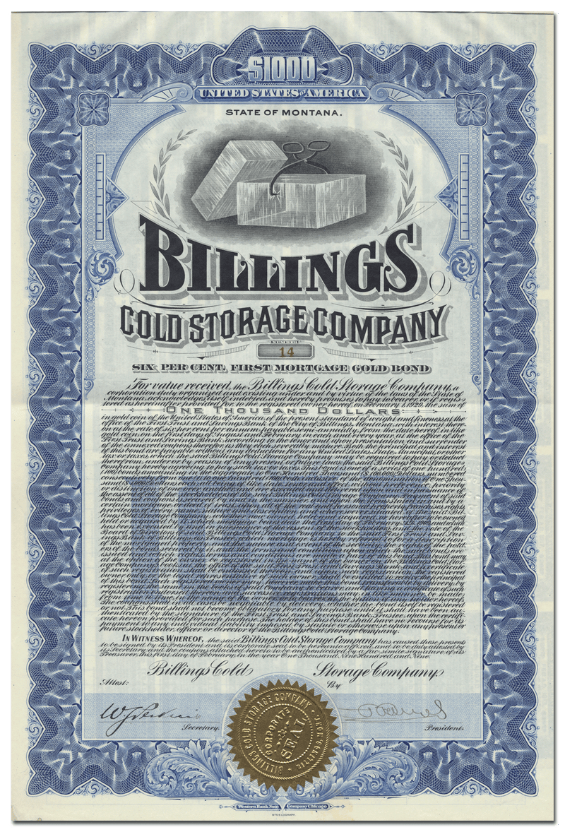 Billings Cold Storage Company Bond Certificate