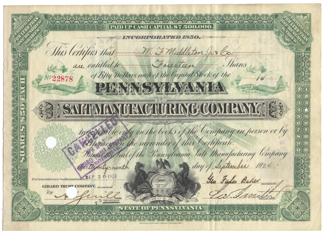 Pennsylvania Salt Manufacturing Company Stock Certificate