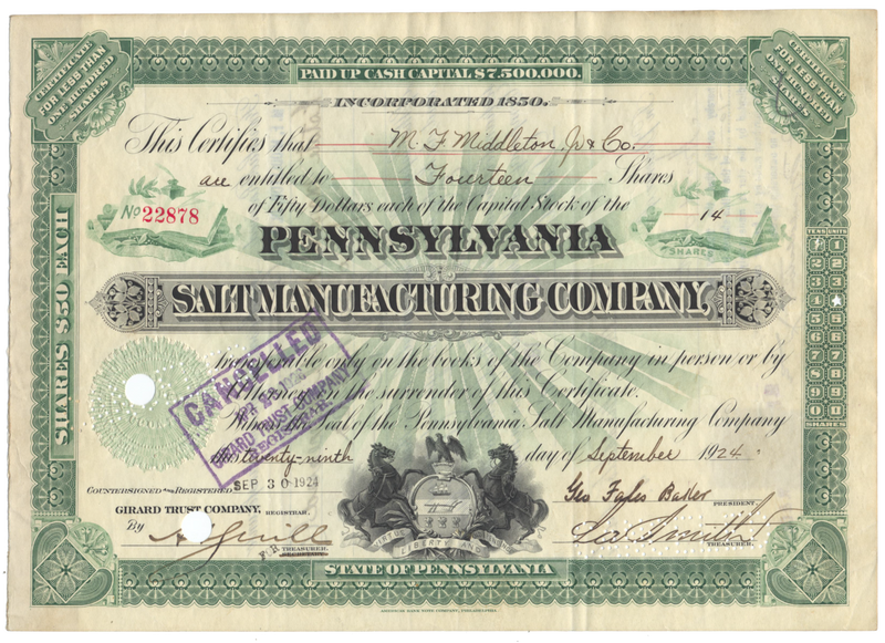 Pennsylvania Salt Manufacturing Company Stock Certificate