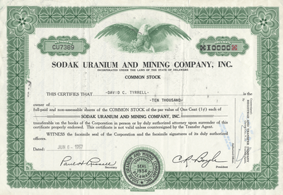 Sodak Uranium and Mining Company, Inc. Stock Certificate