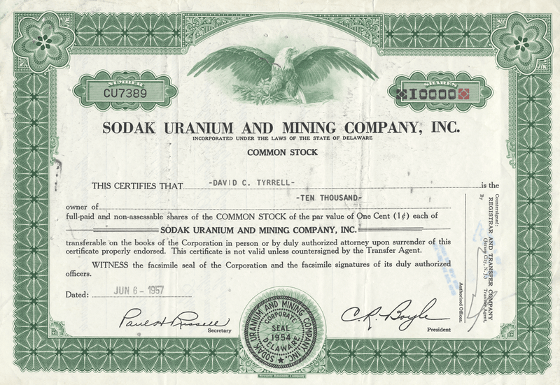 Sodak Uranium and Mining Company, Inc. Stock Certificate