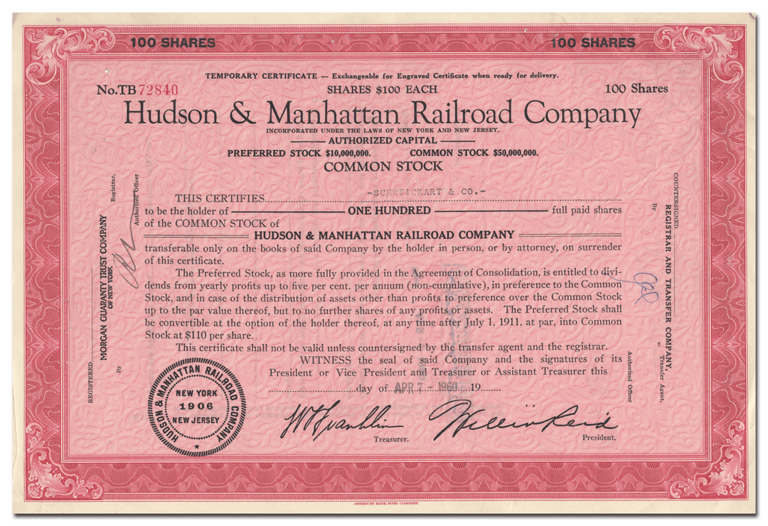 Hudson & Manhattan Railroad Company Stock Certificate