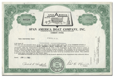 Span America Boat Company, Inc. Stock Certificate