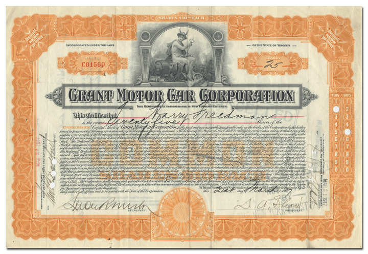 Grant Motor Car Corporation Stock Certificate