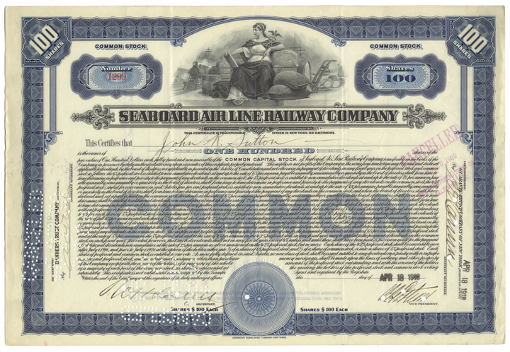 Seaboard Air Line Railway Company Stock Certificate