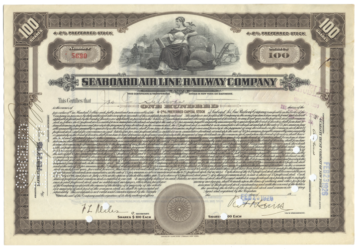 Seaboard Air Line Railway Company Stock Certificate