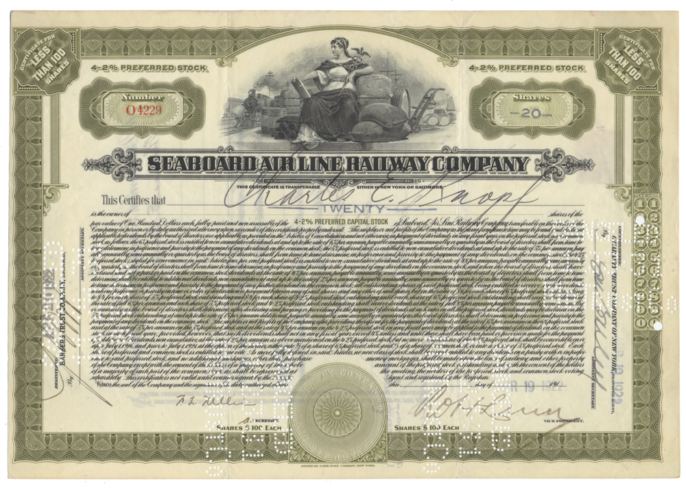Seaboard Air Line Railway Company Stock Certificate