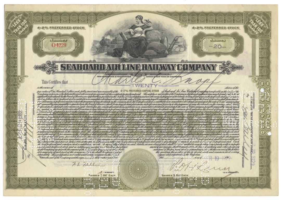 Seaboard Air Line Railway Company Stock Certificate