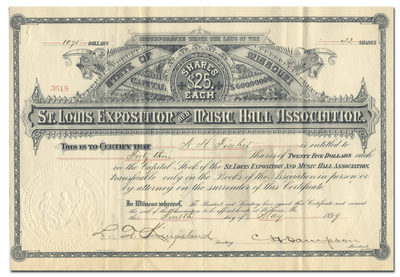 St. Louis Exposition and Music Hall Association Stock Certificate