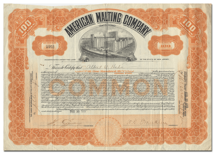 American Malting Company Stock Certificate