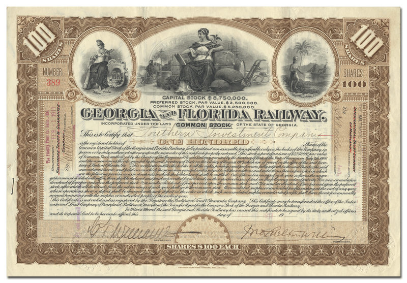 Georgia and Florida Railway Stock Certificate