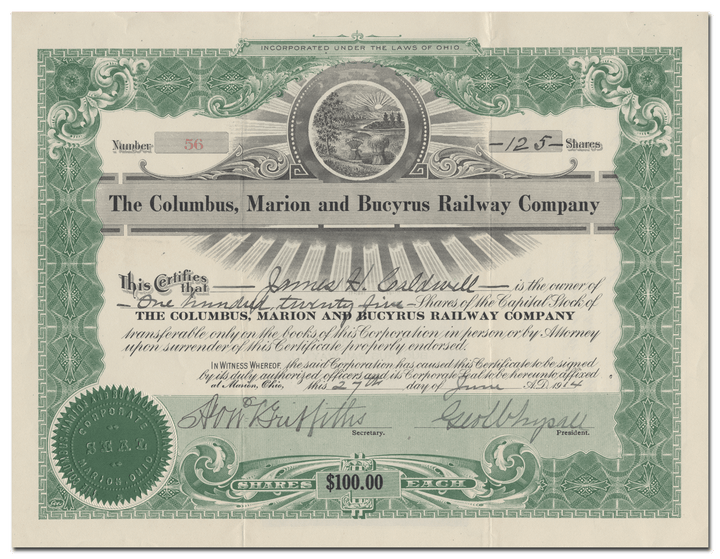 Columbus, Marion and Bucyrus Railway Company Stock Certificate